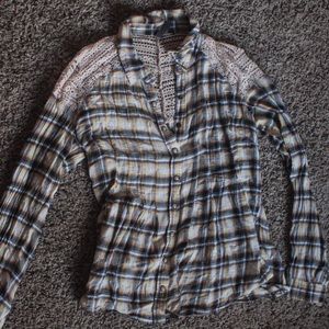 Free People Plaid & Lace Button Down Shirt Size 6